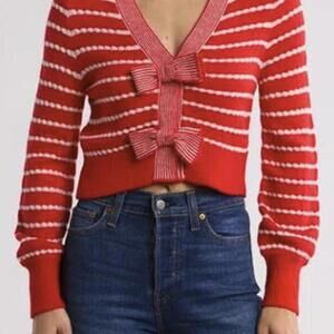 VIGOSS Red and White Stripe Textured Bow Crop Cardigan Sweater - Size - Large